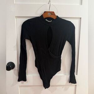 Front Cut Out Black Long Sleeve Bodysuit